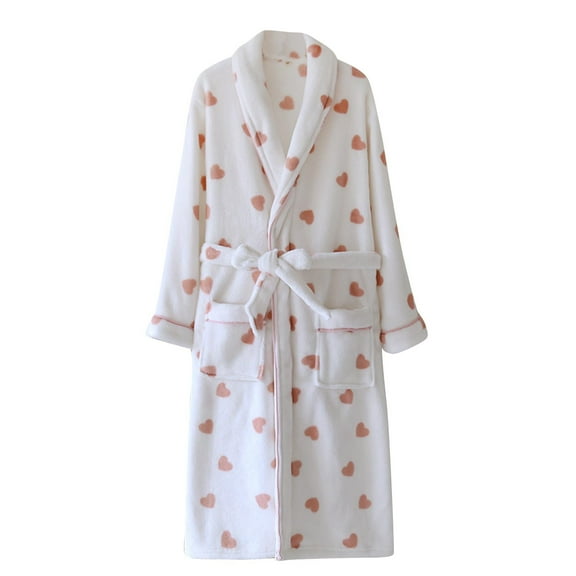 SCSAlgin Womens Plush Fleece Robe Heart Print Shawl Collar Bathrobe Long Fleece Belt Kimono Spa Robe Warm Loungewear