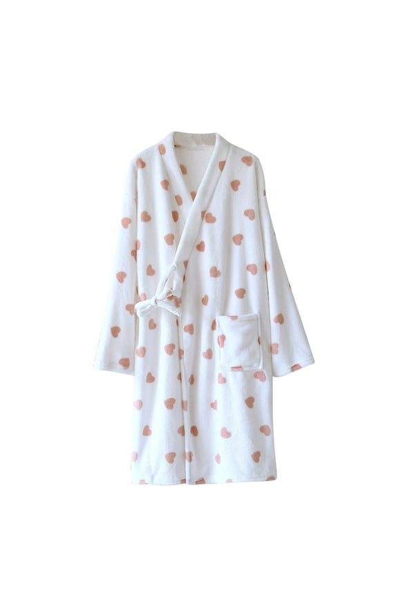 Womens Plush Fleece Robe Heart Print Shawl Collar Bathrobe Long Fleece Belt Kimono Spa Robe Warm Loungewear