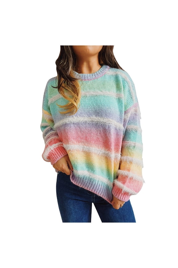 Womens Rainbow Striped Sweater Crewneck Long Lantern Sleeve Cable Knit Pullover Jumper Tops