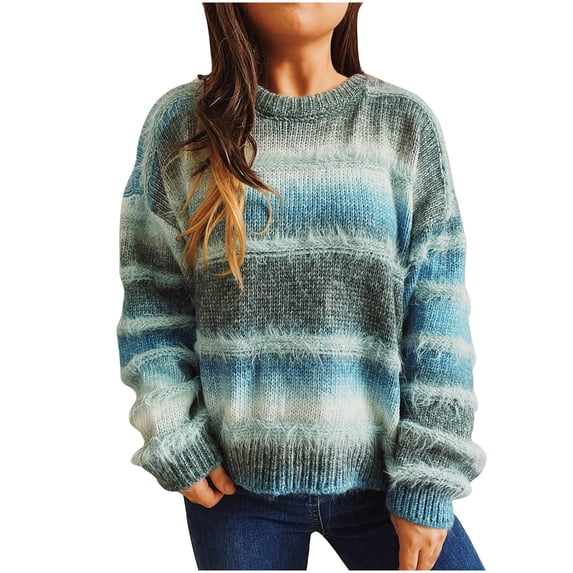 SCSAlgin Womens Rainbow Striped Sweater Crewneck Long Lantern Sleeve Cable Knit Pullover Jumper Tops