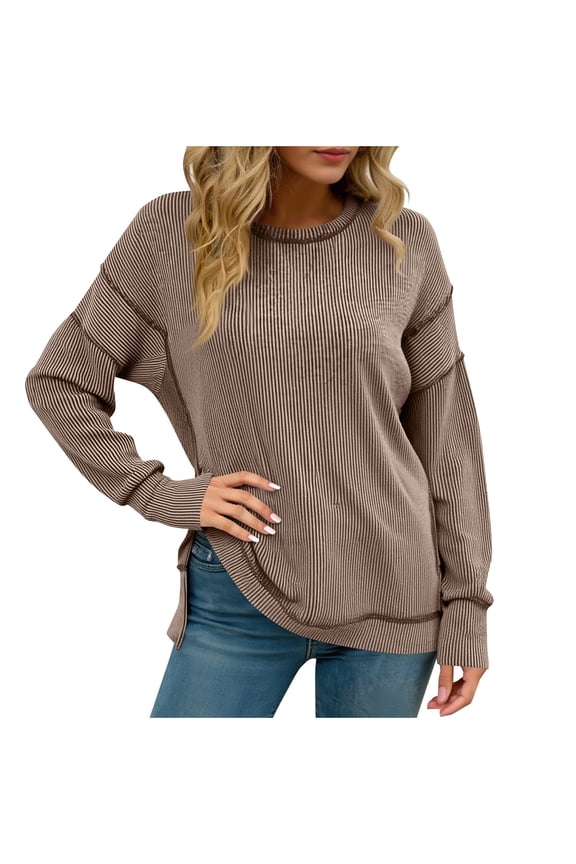 Womens Ribbed Long Sleeve Shirts Loose Fit Exposed Seam Fall Tunics Tops to Wear With Leggings