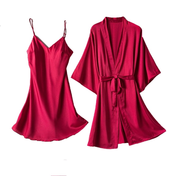 SCSAlgin Womens Satin Nightgown with Robes Satin Silk Pajamas Sets 2 Piece Sleepwear Lace Cami Nightdress and Bathrobe