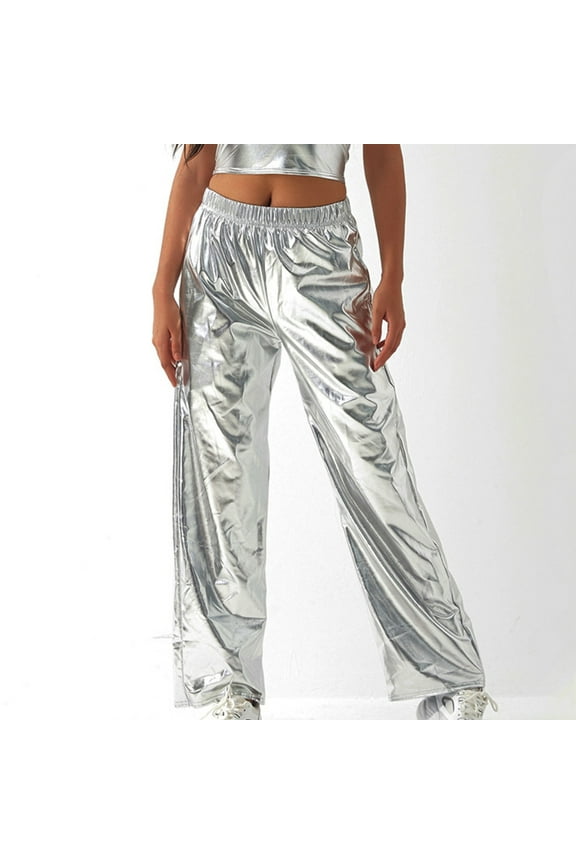 Womens Shiny Metallic High Waist Stretchy Jogger Pants Holographic Hip Hop Club Wear Streetwear