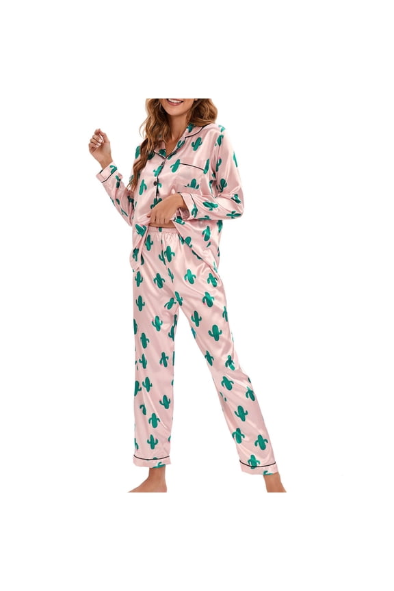 Womens Silk Satin Pajamas Set Long Sleeve Button Down Sleepwear 2 Piece Lounge Set Pj Set