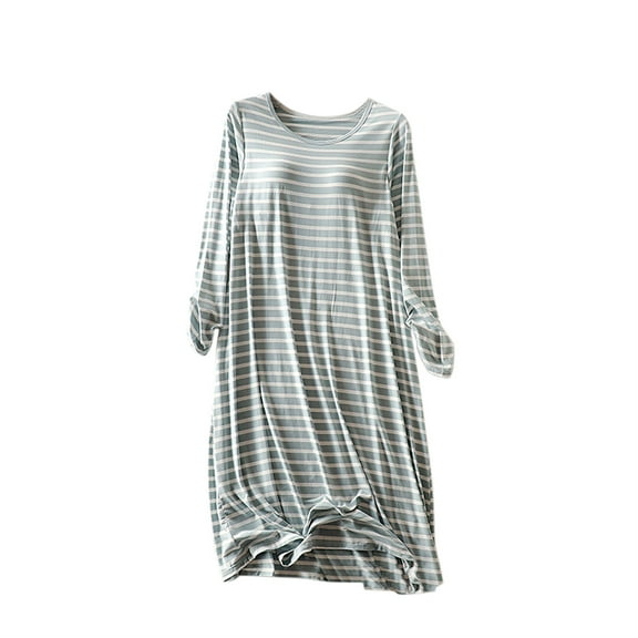 SCSAlgin Womens Sleep Shirts Striped Casual Loose Thin Large Size Dress With Chest Pad Long Sleeve Gown