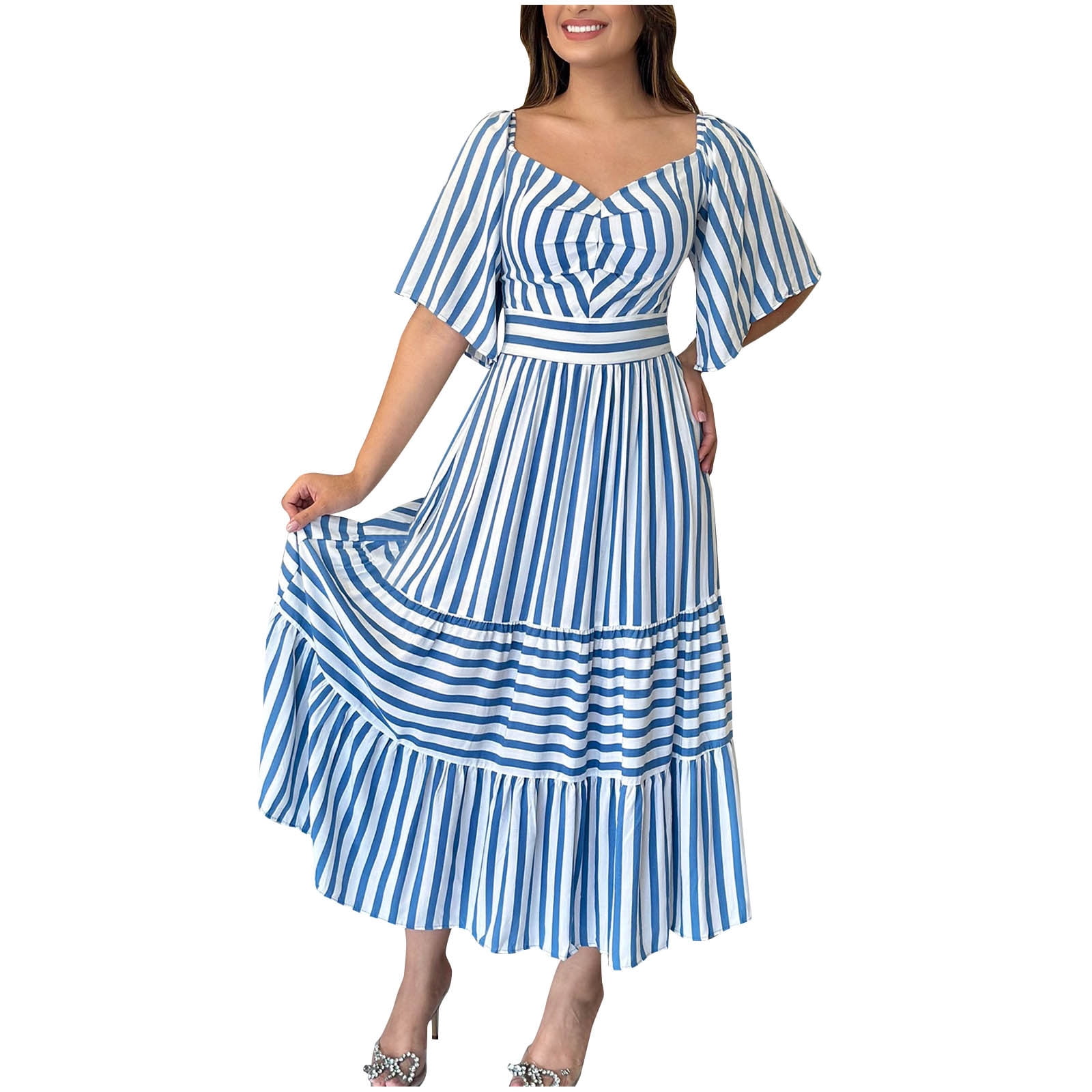 Cotton Blue White Stripe Dress Women's Short Dress Summer Puff Short Sleeve  Smocked Square Neck Back