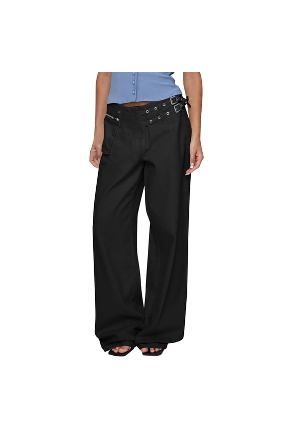 Womens Wide Leg Jeans with Buckle Detail Casual Mid Rise Boyfriend Baggy Denim Pants with Pockets