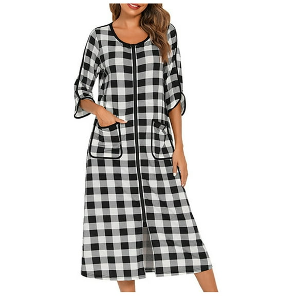 SCSAlgin Zipper Front Plaid Robes Women House Coat Half Sleeve Loungewear Long Nightgown with Pockets