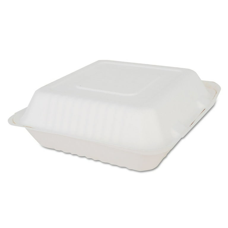 ChampWare Molded-Fiber Clamshell Containers, 9 x 9 x 3, White, Sugarcane, 200/Carton ChampWare Molded-Fiber Clamshell Containers, 9 x 9 x 3, White, Sugarcane, 200/Carton