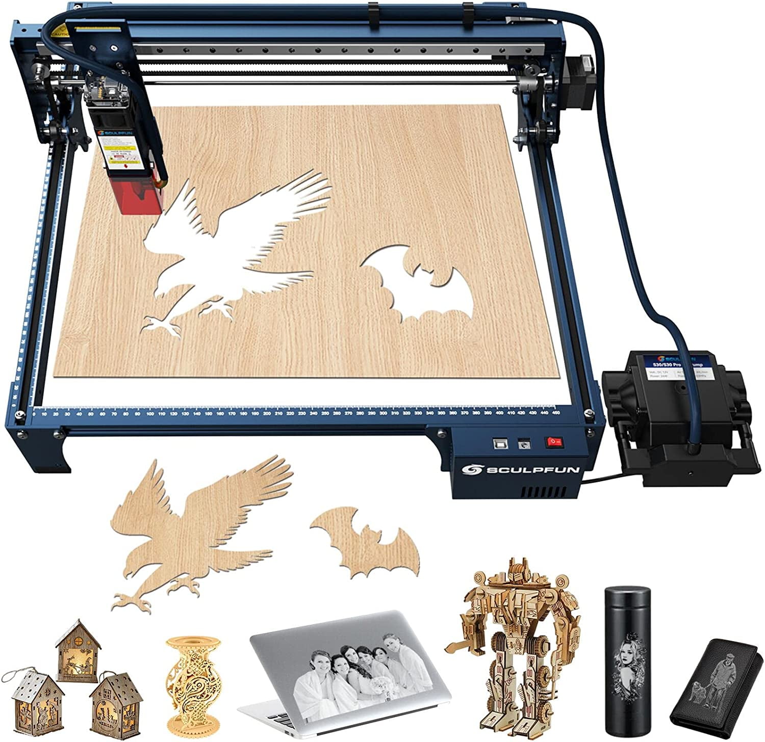 SCULPFUN S30 Pro La/ser Engraver with Auto-Controlled Air Assist System, 84W La/ser Engraving Cutting Machine, 10W Optical Power La/ser Cutter for Home Family DIY, Ultra-Thin Carving