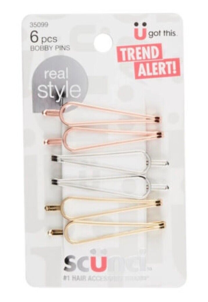 SCUNCI Real Style Metal Bobby Pins, Pack of 6 (Gold, Silver and Rose
