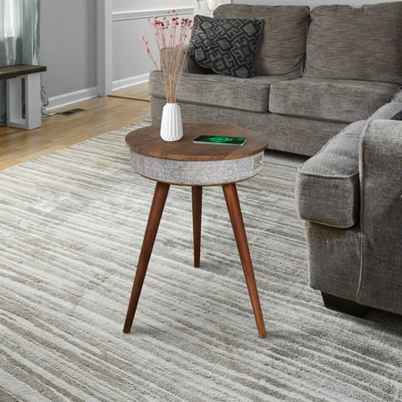 SCUQI Smart Music Coffee Table,23.6 inches Round Smart End Table, Bluetooth Side Table with USB Port and outlet , and Brown Wireless Charging Table