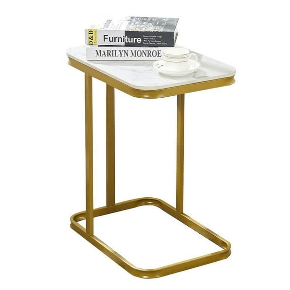 SD 23" H Rectangle Marble Top SideTable, Snack Table, Gold/White