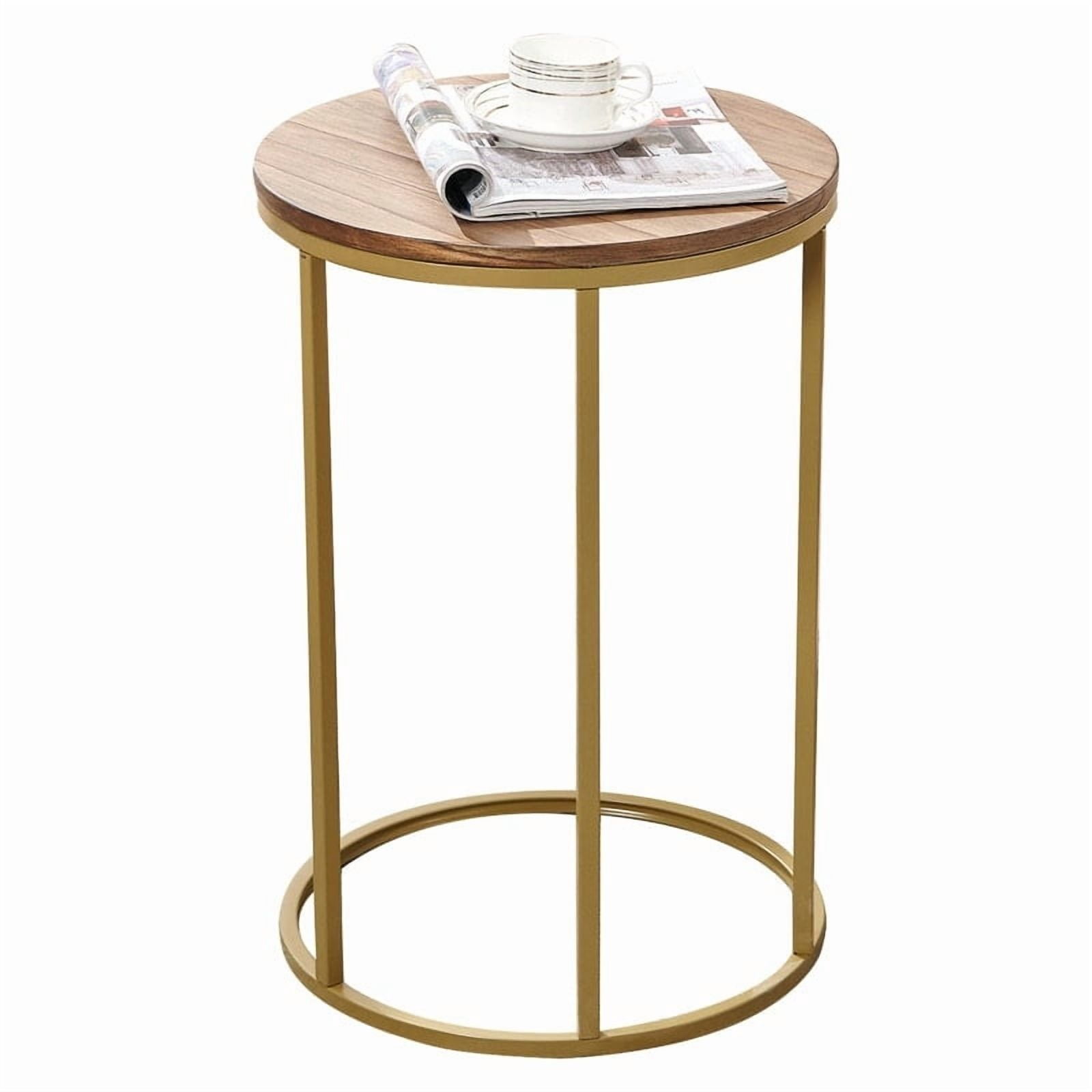 SD 23" H Round  Wood Top Sofa SideTable, Snack Table, Gold/oak