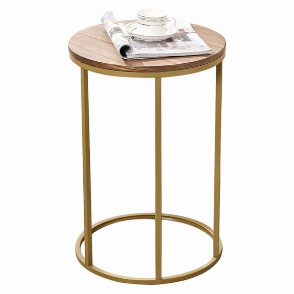 SD 23" H Round  Wood Top Sofa SideTable, Snack Table, Gold/oak