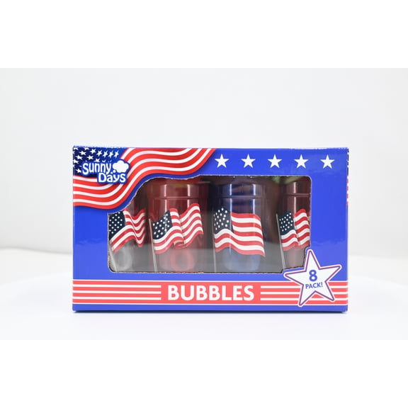 Sunny Days Patriotic Americana Bubbles 8-pack, Red White & Blue 4oz Bottles with American Flag Design, Children Ages 3+