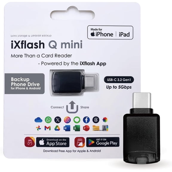 SD Card Reader for 17/16/15, iPad, Android, , PC, Laptop, USB C Memory Card Reader adapter, Auto Photo Backup, MFi Photo stick Phone Drive iXflash Q mini w/Free App Black