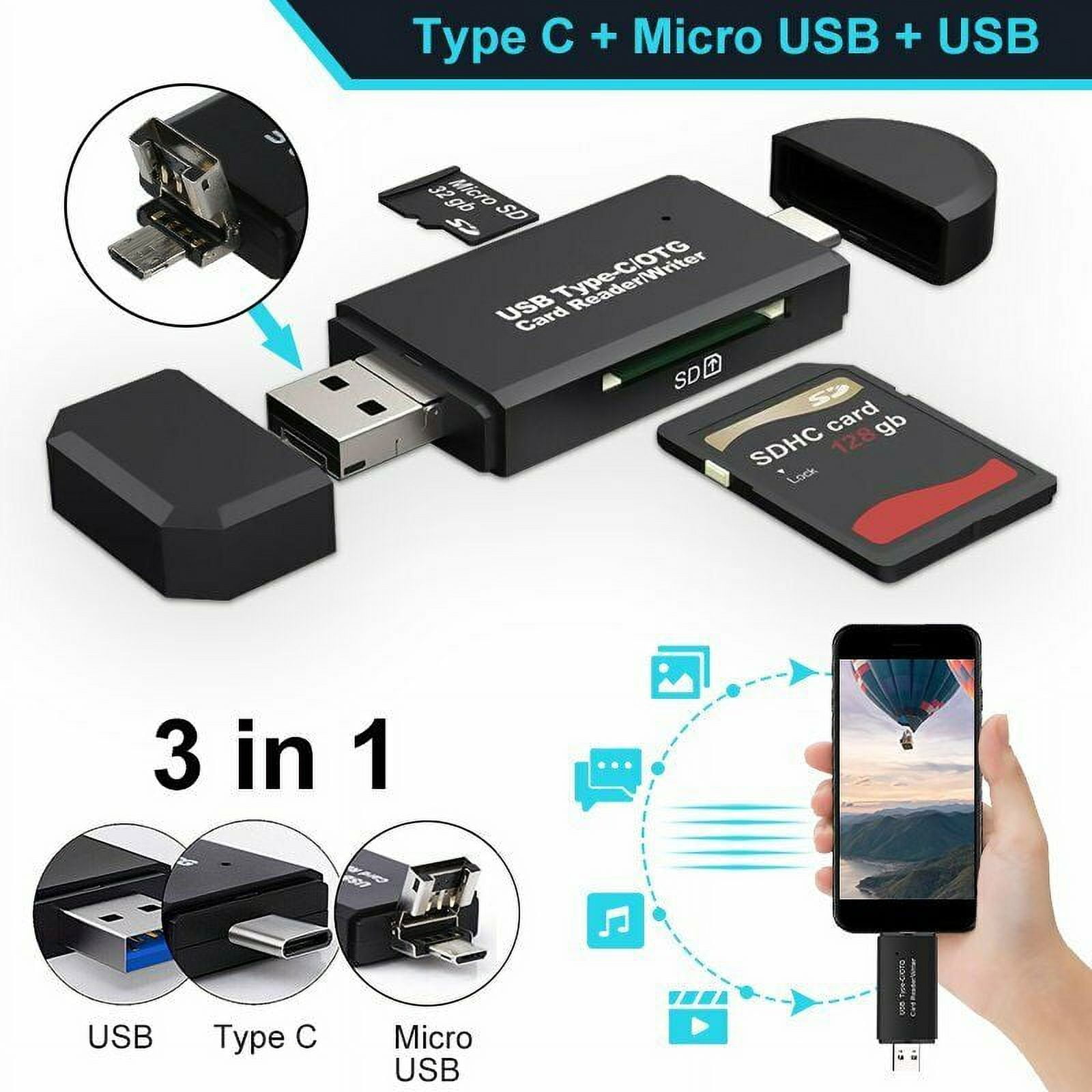 SD Card Reader, 3 in 1 Micro USB Type C Portable Memory Card Reader and