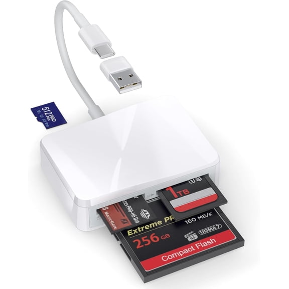 SD Card Reader, 4 in 1 USB C to SD/TF/CF/MS Card Reader with USB to USB C Adapter Memroy Card Reader for iPhone 17/16/15 Pro Max iPad Pro MacBook Pro/Air iMac M4/M3/M2 Android Phone/Tablet PC (White)