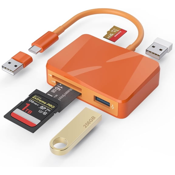 SD Card Reader, 5 in 1 USB-C & USB Card Adapter with SD/MicroSD/MS and Dual USB-A Ports Memory Card Reader for 17/16/15 Pro Max iPad MacBook Pro/Air M4/M3 Android Phone/Tablet PC (Orange)