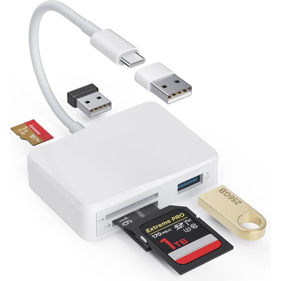 SD Card Reader, 5 in 1 USB-C & USB Card Adapter with SD/MicroSD/MS and Dual USB-A Ports Memory Card Reader for iPhone 17/16/15 Pro Max iPad MacBook Pro/Air M4/M3 Android Phone/Tablet PC (White)