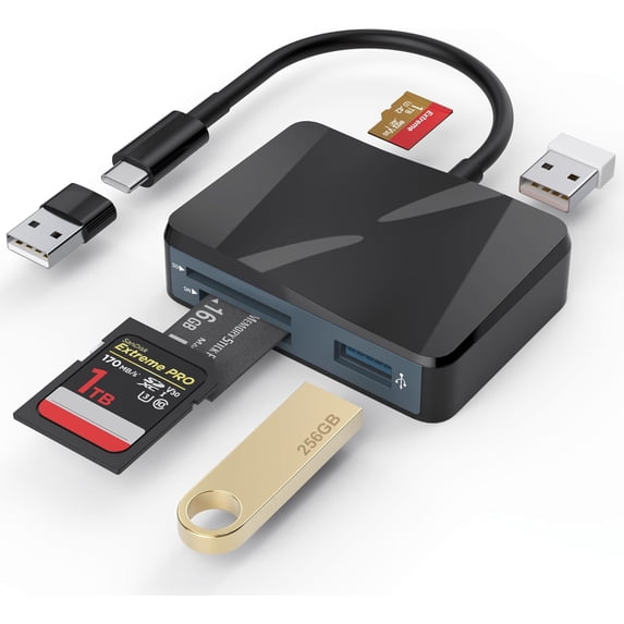 SD Card Reader, 5 in 1 USB-C & USB Card Adapter with SD/MicroSD/MS and Dual USB-A Ports Memory Card Reader for iPhone 17/16/15 Pro Max iPad MacBook Pro/Air M4/M3 Android Phone/Tablet PC (Black)