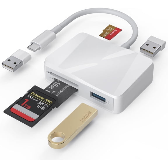SD Card Reader, 5 in 1 USB-C & USB Dual Connectors Card Adapter with SD/MicroSD/MS/Dual USB-A 5 Slots Memroy Card Reader for iPhone 17/16/15 Pro Max iPad MacBook Pro/Air M4/M3 Android Phone/Tablet PC