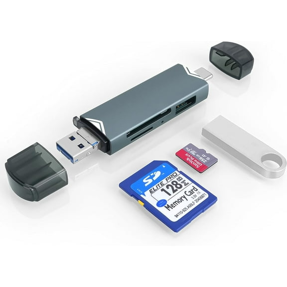 SD Card Reader, 6-in-1 USB C/USB 3.0 Dual Slot OTG Memory Card Adapter for TF/SD/Micro SD/SDXC/Micro SDXC/Micro SDHC Memory Cards (Gray)