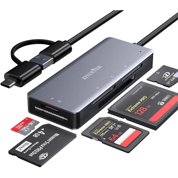 SD Card Reader, Aluminum 5in1 USB USB-C to SD Micro SD MS CF XD Card Reader Adapter Compatible with iPhone 15/16/Pro/Max, MacBook Pro/Air 2023, iPad Pro, iMac, S23, XPS 17, Surface Book 3 and More