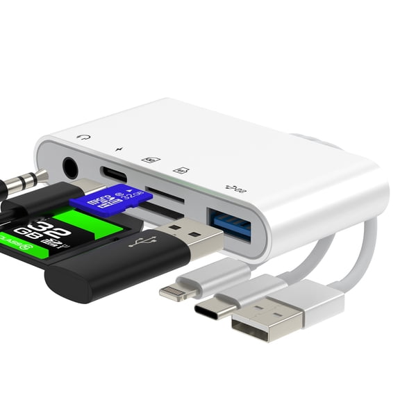 SD Card Reader Hub USB C Lightning USB to OTG 3.5mm Aux Charger TF Adapter (5 in 1) for iPhone 17 16 15 14 13Pro Max Splitter Camera Computer Android Audio Charging Accessories Compatible for Samsung