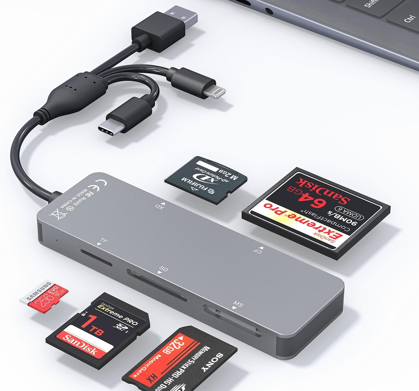 SD Card Reader Memory Stick pro Duo Adapter - 5 in 1 SD/TF/CF/MS/XD Card Reader for iPhone Supports Micro SD/SDHC/Compact Flash/XD Picture Cards, Lightning+USB A+USB C Memory Stick Pro Adapter