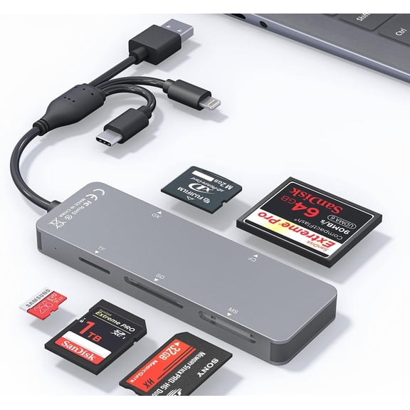 SD Card Reader Memory Stick pro Duo Adapter - 5 in 1 SD/TF/CF/MS/XD Card Reader for iPhone Supports Micro SD/SDHC/Compact Flash/XD Picture Cards, Lightning+USB A+USB C Memory Stick Pro Adapter