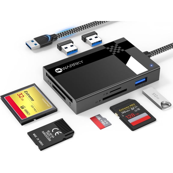 SD Card Reader USB 3.0 [2.5FT Nylon Braided Extra USB 3.0 Ports 5Gbps] 7 in 1 Memory Card Reader Micro SD Card Adapter for microSD SDXC SDHC CF MS MMC Micro SDXC/SDHC UHS-I More