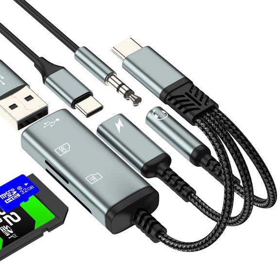 SD Card Reader USB-C Adapter Hub for iPhone 17 16 15 Pro Max for iPad Digital Camera Micro SD USB Flash Drive Charger Port Aux 3.5mm Headphone Audio Jack Cable DAC Dongle TF OTG 3.0 Photo Accessories