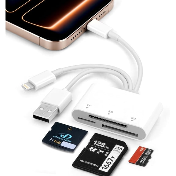 SD Card Reader, XD Card Reader for iPhone, 3 in 1 SD/TF/XD Picture Reader for Lightning/USB C/USB A Device, Lightning+USB A+USB C TF Card Adapter for iPhone 17/16/15/14/13/iPad/PC/Android