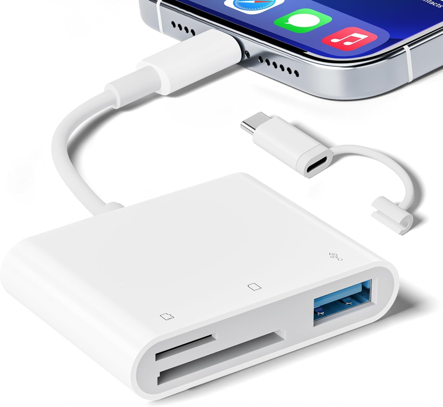 SD Card Reader for iPhone iPad, Micro Memory with USB Adapter Plug and Play Trail Game Camera Viewer Supports TF No App Required