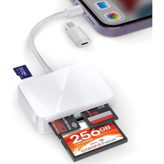 SD Card Reader for iPhone, 4 in 1 USB C and Lightning to CF/SD/MS/TF Card Adapter Memory Card Reader for Camera Adapter Trail Game Camera Viewer for iPad Macbook Plug and Play No App Required