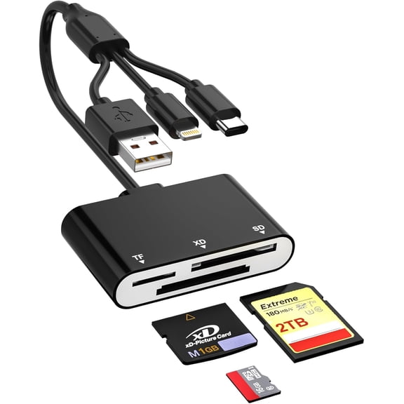 SD Card Reader for iPhone with Lightning/USB-C/USB-A, 3 in 1 XD/SD/TF Memory Reader, MicroSD XD-Picture Compatible 17/16/15/14, , iPad, Android, Camera