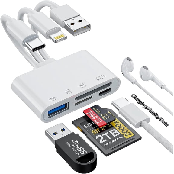 SD Card Reader for iPhone, Lightning & USB-C & USB-A 3-in-1 Memory SD Card Adapter, Support SD/TF, USB OTG, Data Transfer, Charging & Audio, Trail Camera Viewer Plug and Play