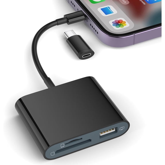 SD Card Reader for iPhone, Memory Card Reader with USB-C to Light-ning Adapter Plug and Play Trail Game Camera Micro SD Card Viewer Support SD/TF Card and USB for iPad No App Required (Black)