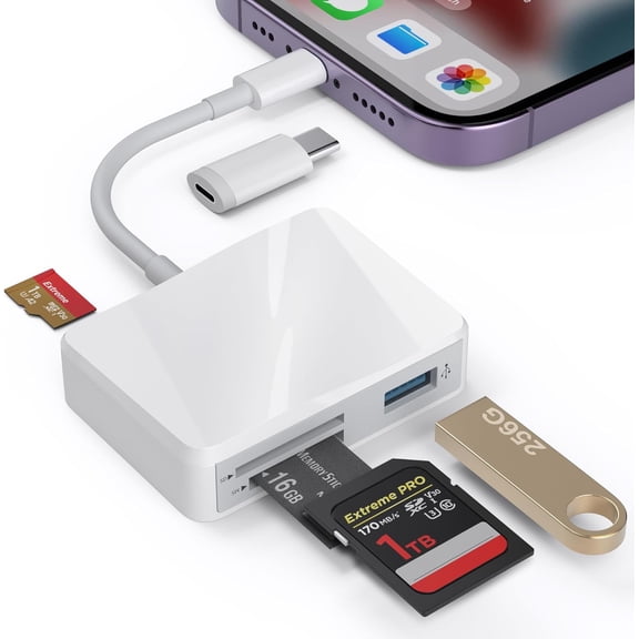 SD Card Reader for iPhone, Memory Card Reader with USB-C to Lightning Adapter Plug and Play Trail Game Camera Micro SD Card Viewer Support SD/TF/MS Card and USB Port for iPad Mac No App(White)