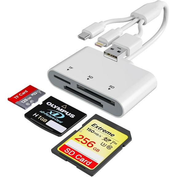 SD Card Reader for iPhone with USB-C & Lightning - 3-in-1 SD MicroSD xD-Picture Cards Memory Card Reader, Compatible with iPhone 16/15/14, iPad, MacBook, Android, Camera & PC