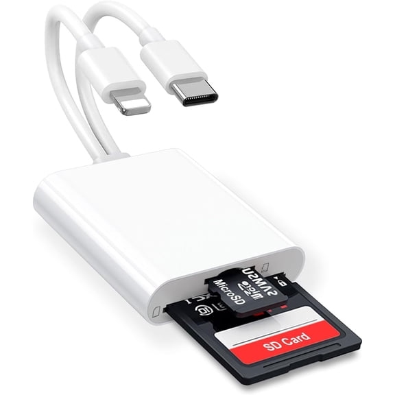 SD Card Reader for iPhone iPad, 2 in 1 SD/Micro Adapter Dual Connector (Lighting & USB C) and TF Memory Cards, Trail Camera Viewer iPhone//USB C Laptop Plug Play