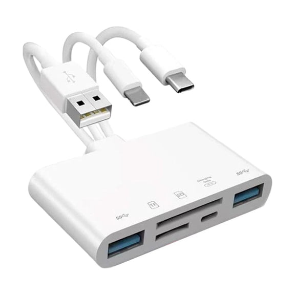 SD Card Reader for iPhone/iPad, 5-in-1 Universal Memory Card Reader for SD/TF Card/USB Drive, USB C/Lighting/USB Connector Compatible with iPhone 17/iPad Pro/Galaxy/MacBook/Dell
