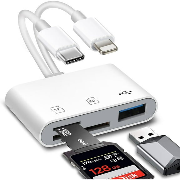 SD Card Reader for iPhone/iPad and Android, Lightning+USB C Dual Port TF Card Adapter, SD/TF/USB-A 3-Slot Memory Card Reader, Digital Camera SD Card Adapter