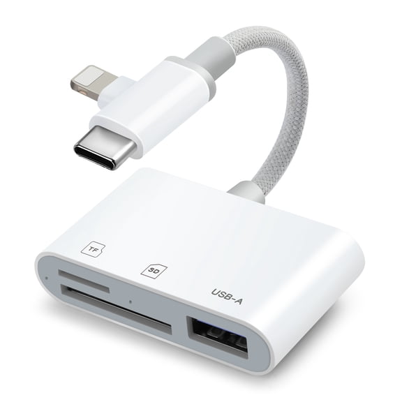 SD Card Reader for iPhone iPad, Lightening & USB C Dual Connectors Memory Card Reader with USB Camera Adapter, SD/TF Card Simultaneous Read, Trail Game Camera Viewer, Plug & Play, White
