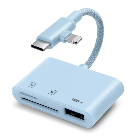 SD Card Reader for iPhone iPad, Lightening & USB C Dual Connectors Memory Card Reader with USB Camera Adapter, SD/TF Card Simultaneous Read, Trail Game Camera Viewer, Plug & Play, Blue