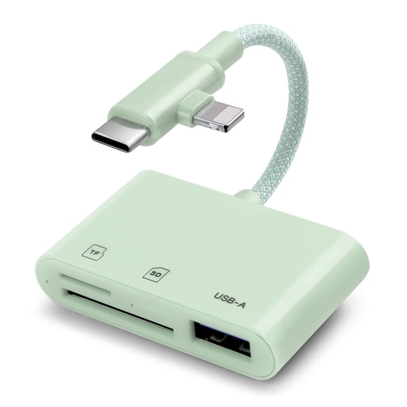 SD Card Reader for iPhone iPad, Lightening & USB C Dual Connectors Memory Card Reader with USB Camera Adapter, SD/TF Card Simultaneous Read, Trail Game Camera Viewer, Plug & Play, Green