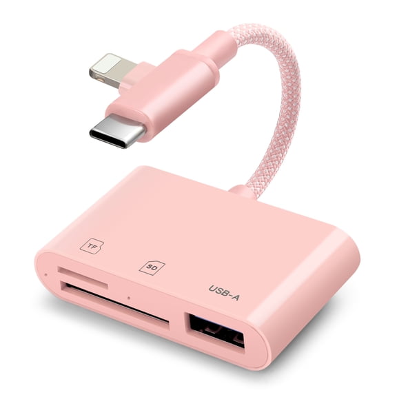 SD Card Reader for iPhone iPad, Lightening & USB C Dual Connectors Memory Card Reader with USB Camera Adapter, SD/TF Card Simultaneous Read, Trail Game Camera Viewer, Plug & Play, Pink