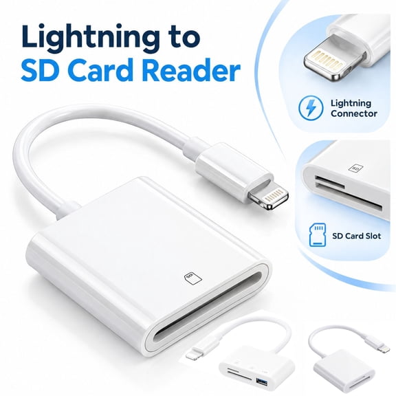 SD Card Reader for iPhone iPad Mac, Lightning Connector Digital Camera Adapter to iPhone, SD Card Adapter Memory Card Reader for SD Card, Plug & Play, Camera Accessories